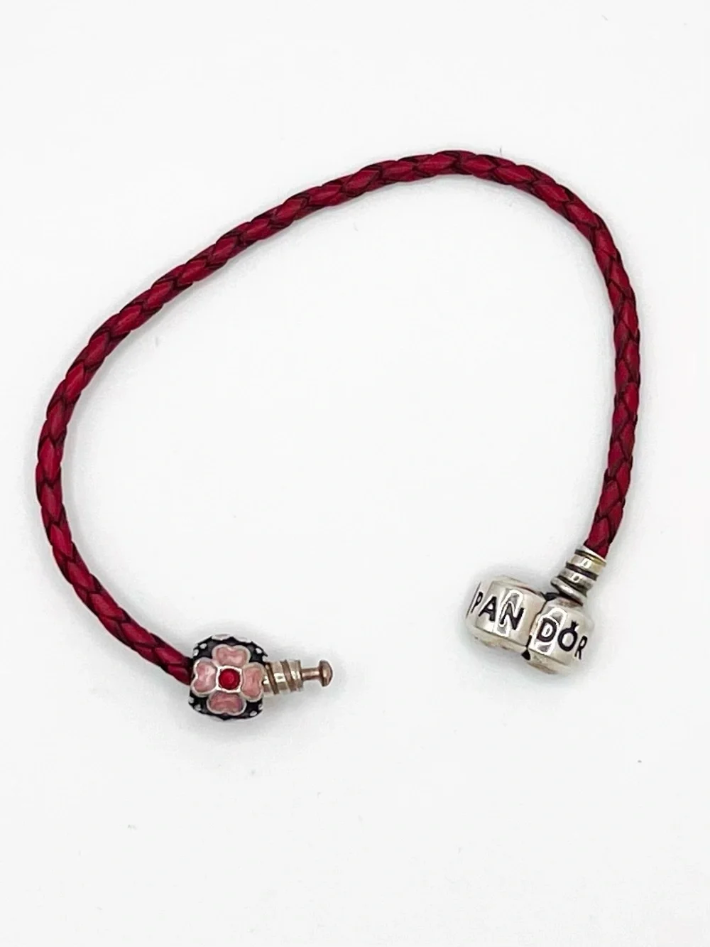 Pandora Moments Dark Pink Burgundy Braided Leather Bracelet w/Flower Bead